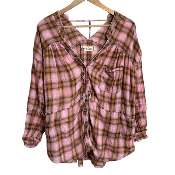 Free People Tops - We The Free People One of the Boys Plaid Tunic Shirt S Pink Orange Boxy Popover